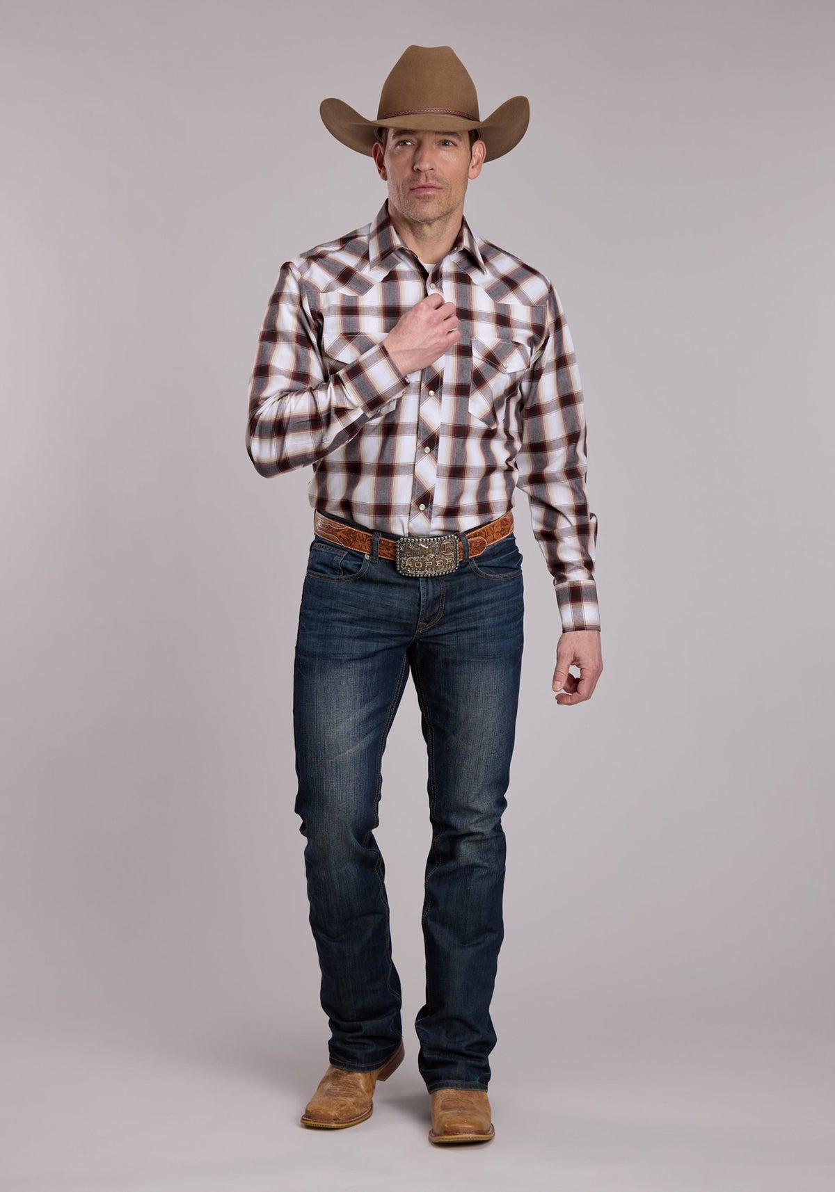Roper Men's Wine/Black/Tan Plaid Long Sleeve Shirt - 01-001-0101-1038 WI - back