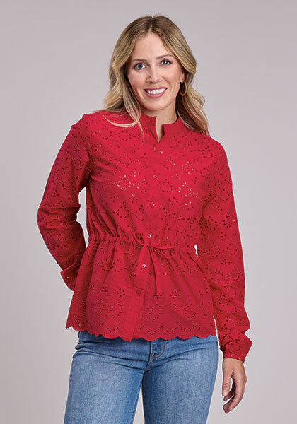 Roper Women's Red Cotton Eyelet Peasant Blouse - Front