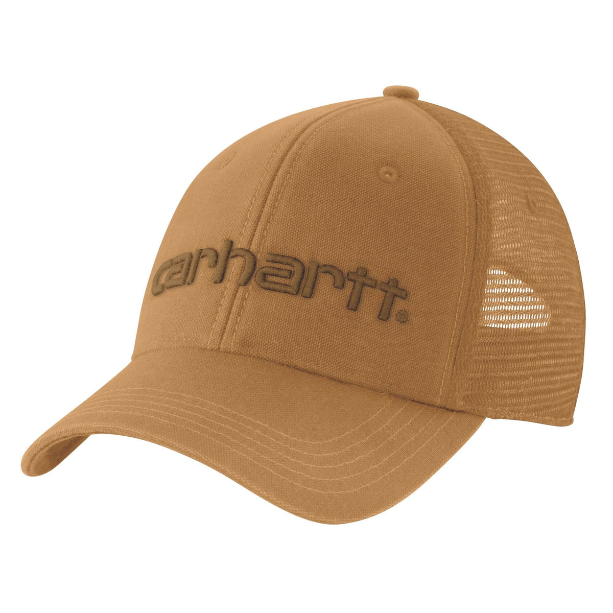 Carhartt Men's Canvas Mesh-Back Logo Graphic Cap, Carhartt Brown/Oiled Walnut – 3-4 front