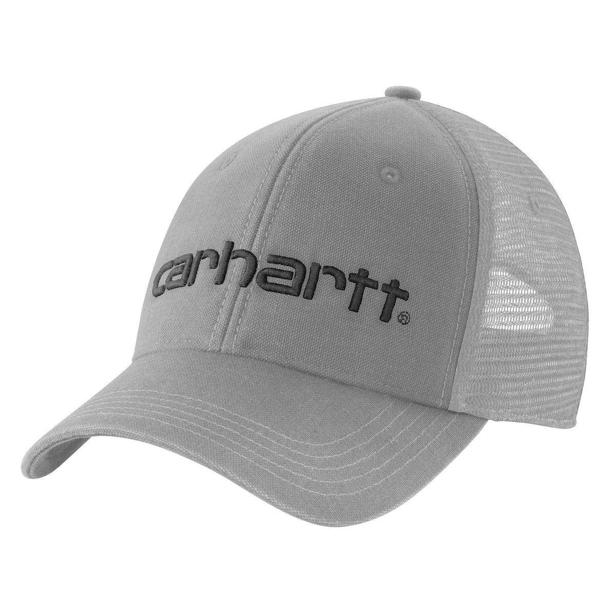 Carhartt Men's Canvas Mesh-Back Logo Graphic Cap, Asphalt/Black – 3-4 front