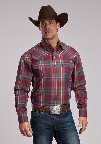 Stetson Men's Long Sleeve Shirt - Wine Dobby Plaid - 11-001-0478-1063 WI - front