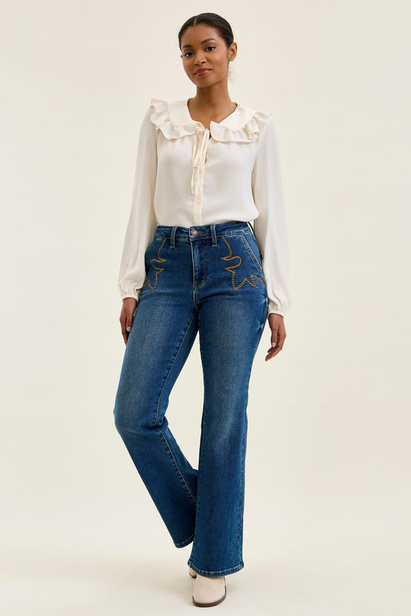 Judy Blue Women's Daisy Tummy Control Bootcut Jean with Cowboy Boot Stitching - Saddle Blue