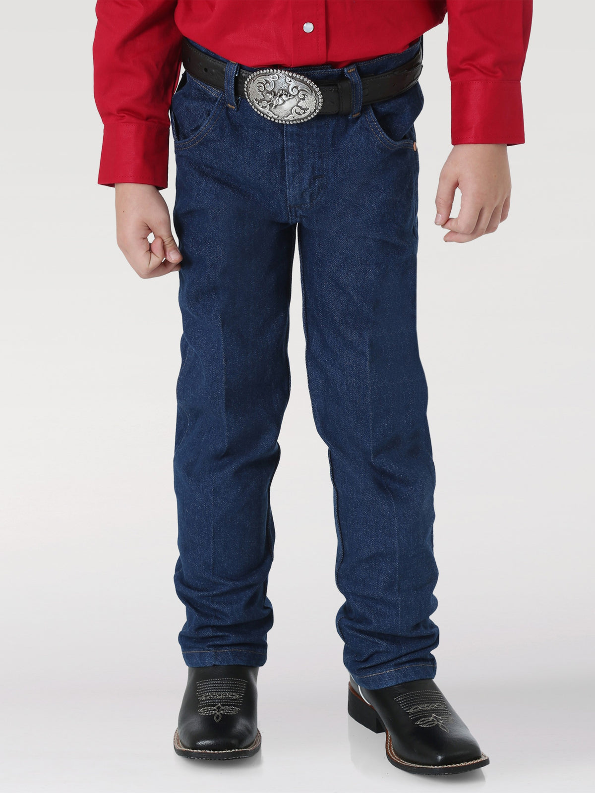 Wrangler Cowboy Cut Original Fit Boys' 8-20 Jeans, Prewashed Indigo – front on model, grey background