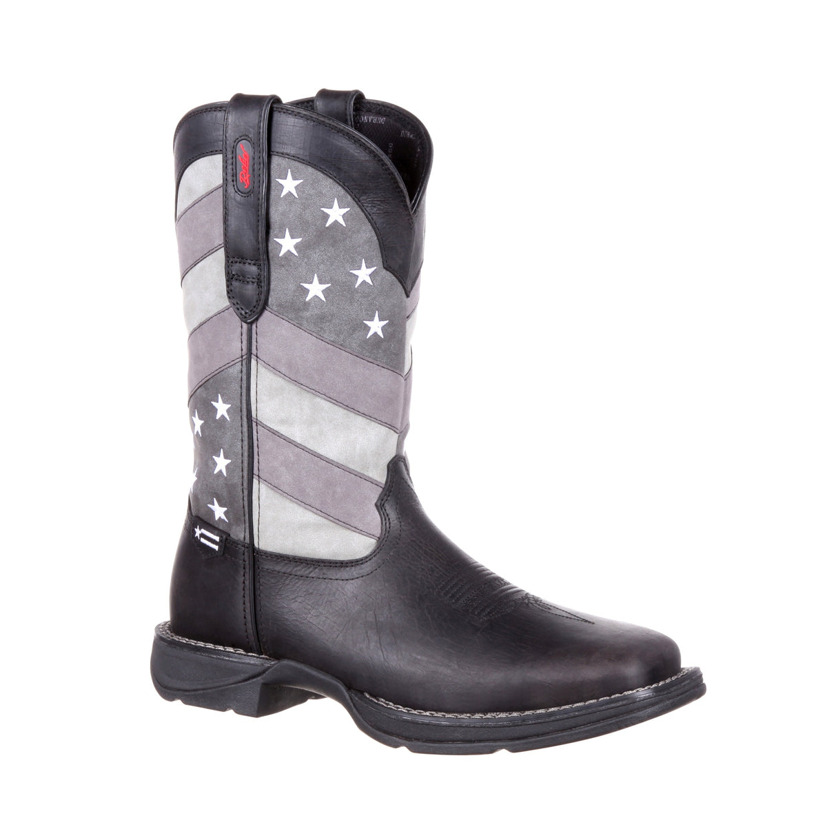 Durango Men's Rebel Faded Black Flag Western Boot, black leather boot with a weathered grey and white American flag shaft, shown at a three-quarter angle.