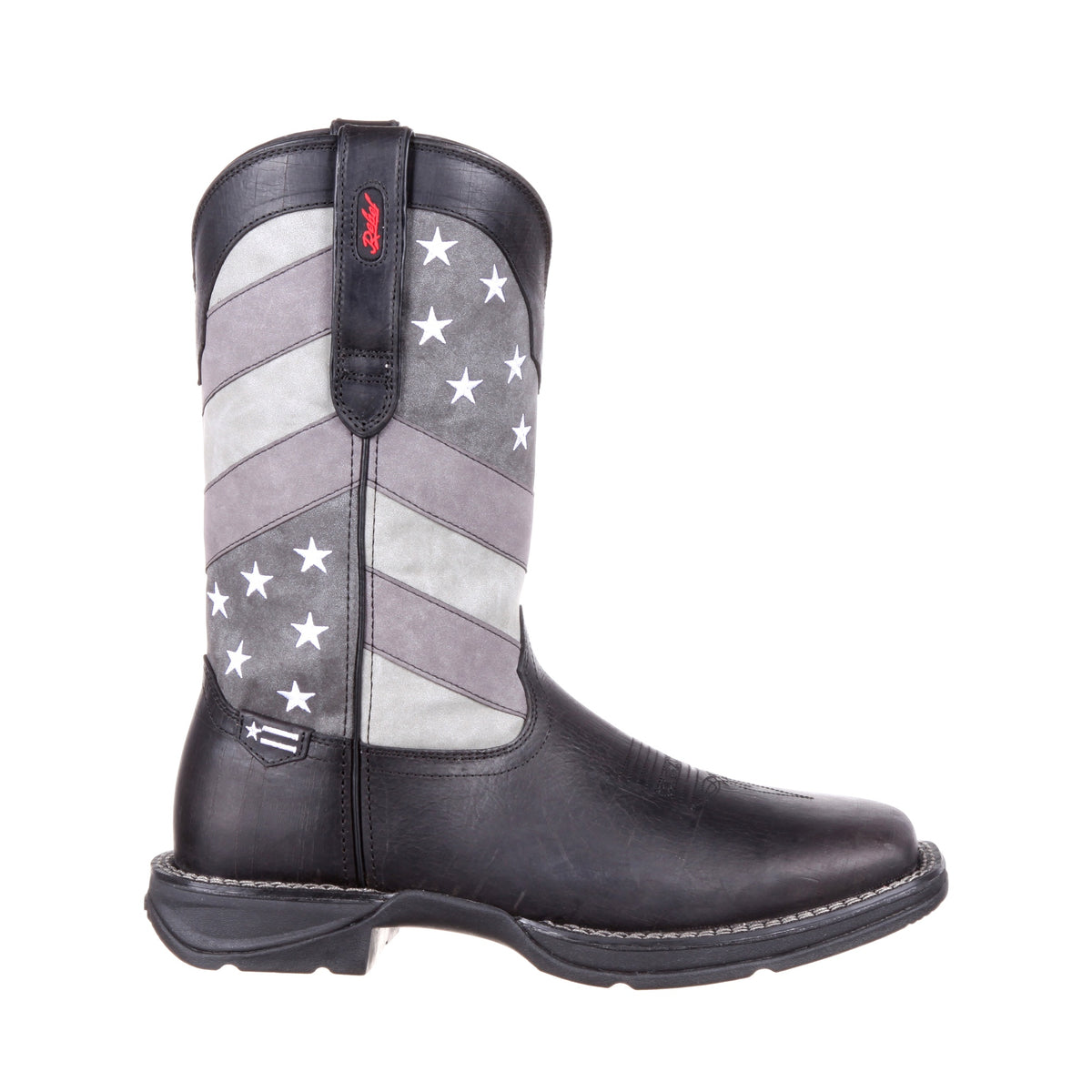 Side profile of the Durango Men's Rebel Faded Black Flag boot showing the 12-inch flag shaft and 1.5-inch rocker heel.