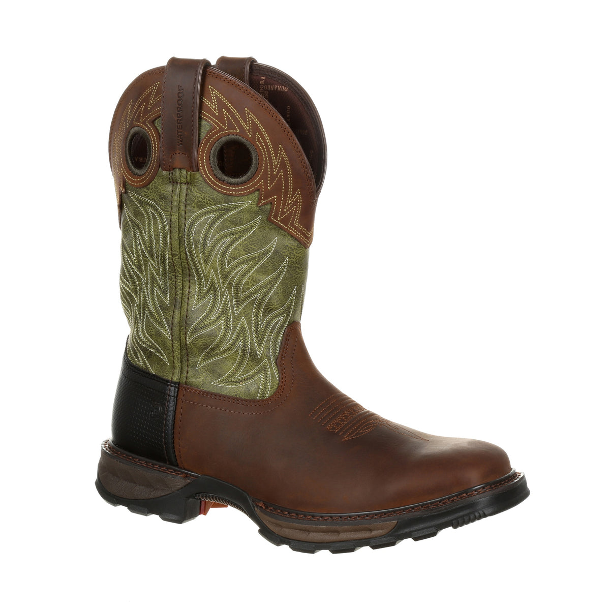 Durango Men's Maverick XP Waterproof Western Boot, brown with green shaft – 3-4 front
