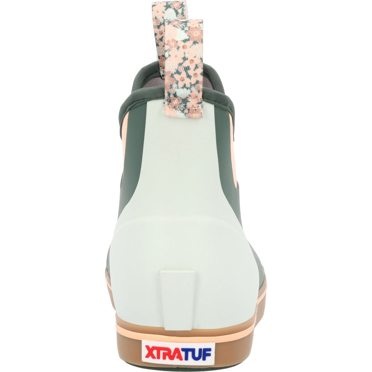 Back view of the XtraTuf Women's Ankle Deck Boot in garden green showing the heel and pull loop.