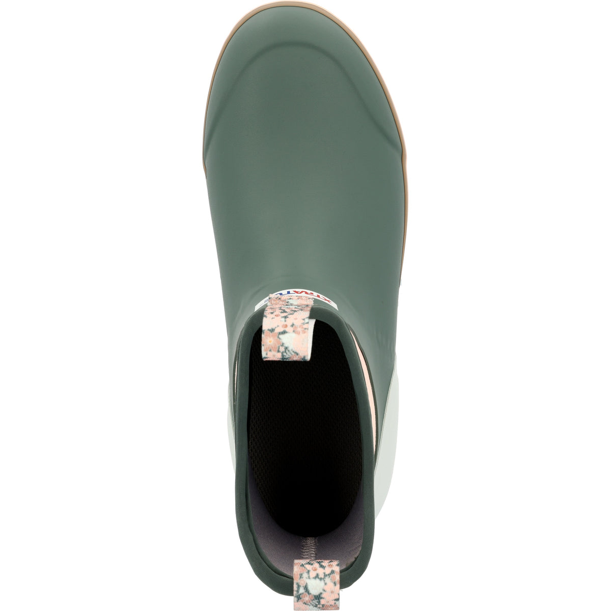 Top-down birdseye view of the XtraTuf Women's Ankle Deck Boot in garden green showing the wide opening and footbed.