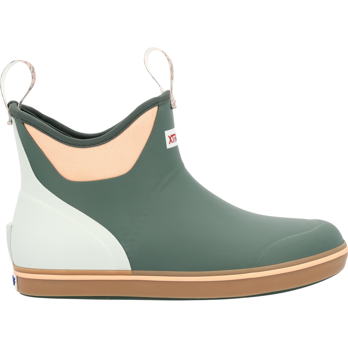 Side profile of the XtraTuf Women's Ankle Deck Boot in garden green showing the ankle-height shaft and rear pull loop.