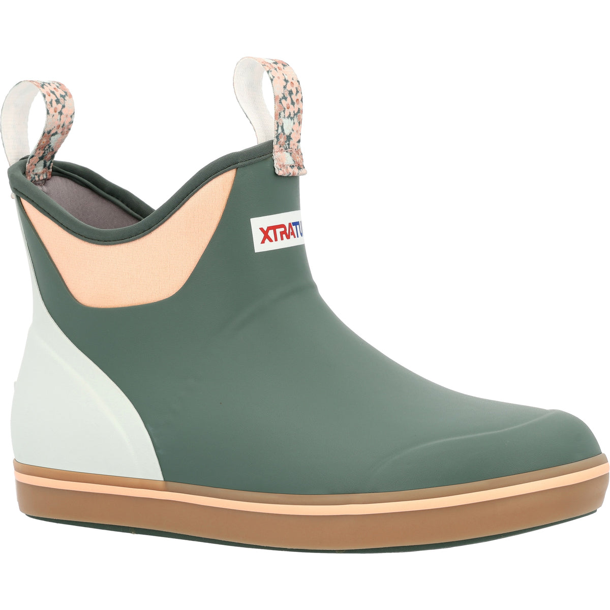 XtraTuf Women's Ankle Deck Boot in garden green, waterproof neoprene and rubber boot shown at a three-quarter angle.