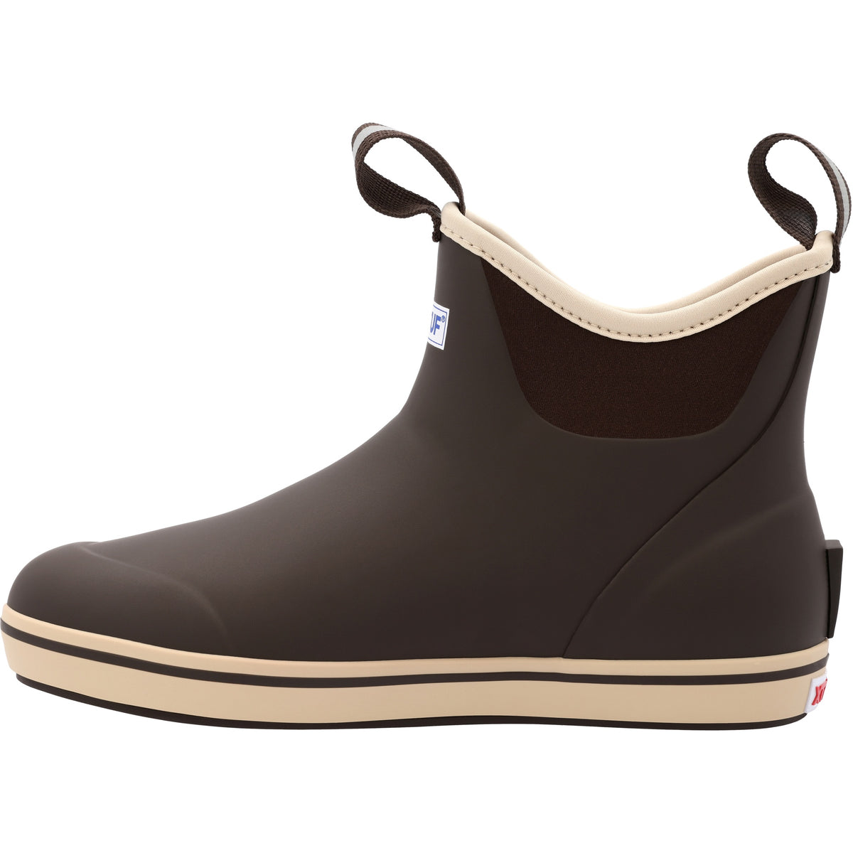 Instep profile of the XtraTuf Men's Ankle Deck Boot in chocolate tan showing the tan foot and chocolate brown upper.
