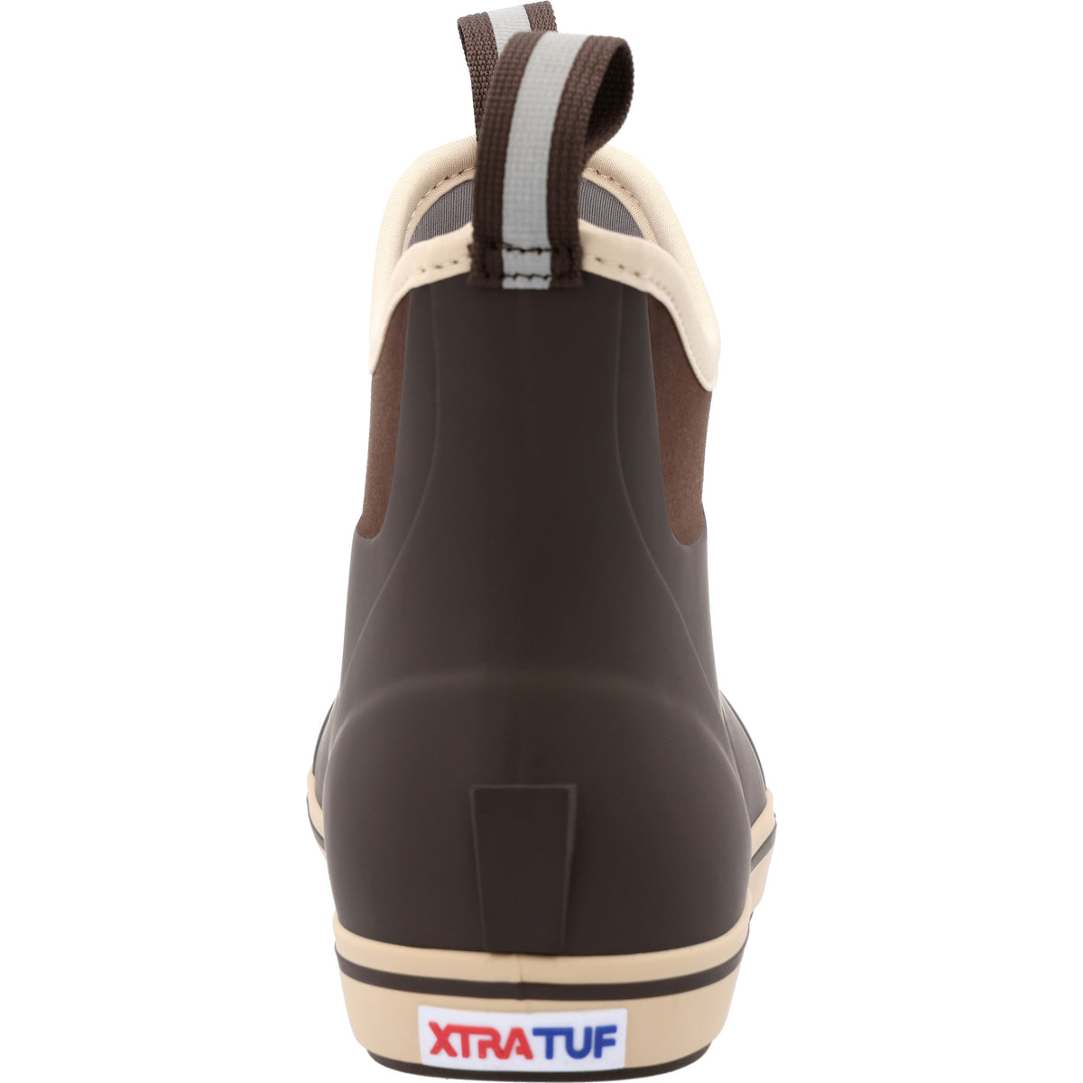 Back view of the XtraTuf Men's Ankle Deck Boot in chocolate tan showing the heel and pull loop.