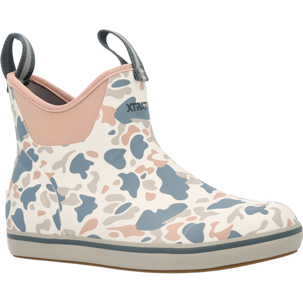 XtraTuf Women's Ankle Deck Boot in ivory duck camo, waterproof neoprene and rubber boot shown at a three-quarter angle.