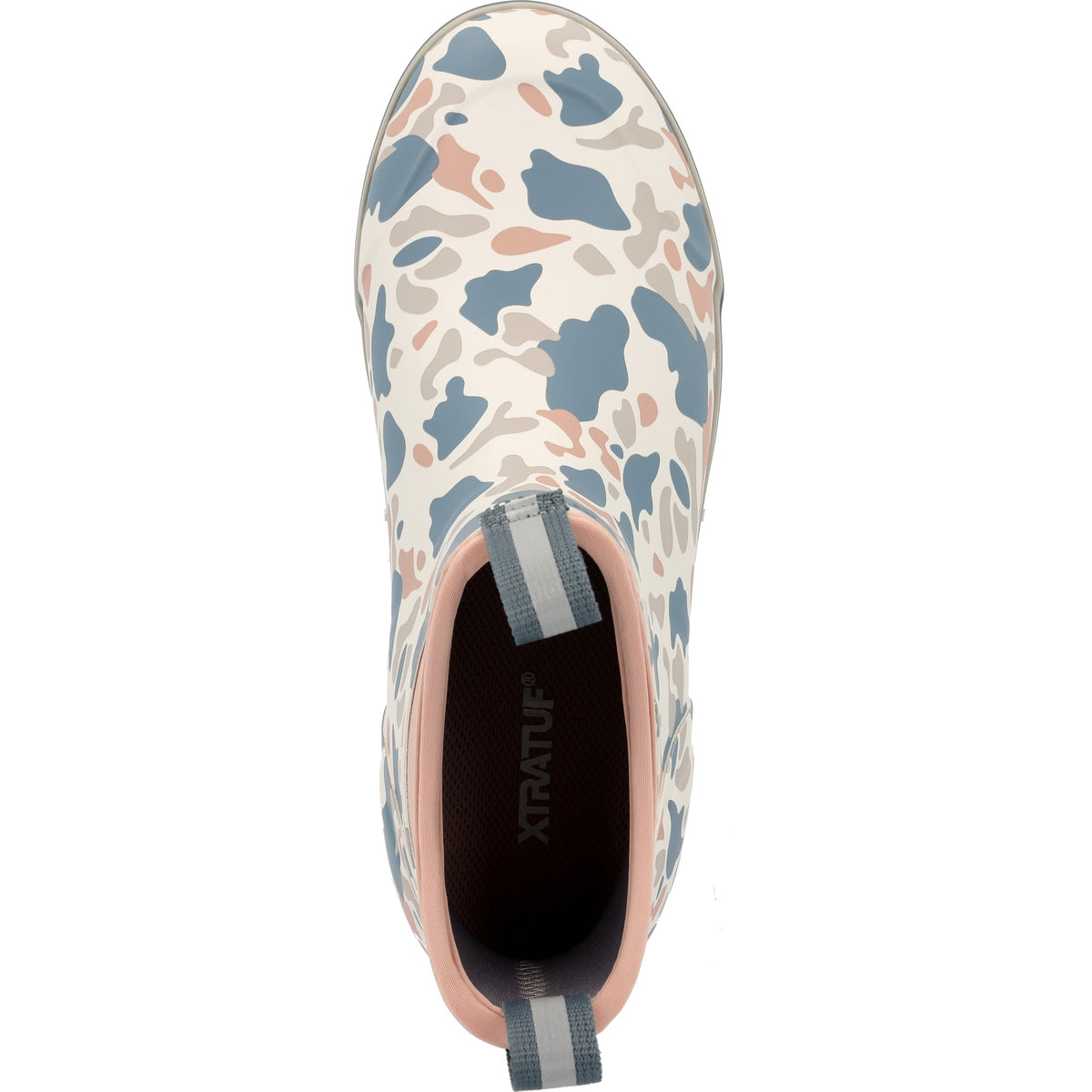 Top-down birdseye view of the XtraTuf Women's Ankle Deck Boot in ivory duck camo showing the wide opening and footbed.