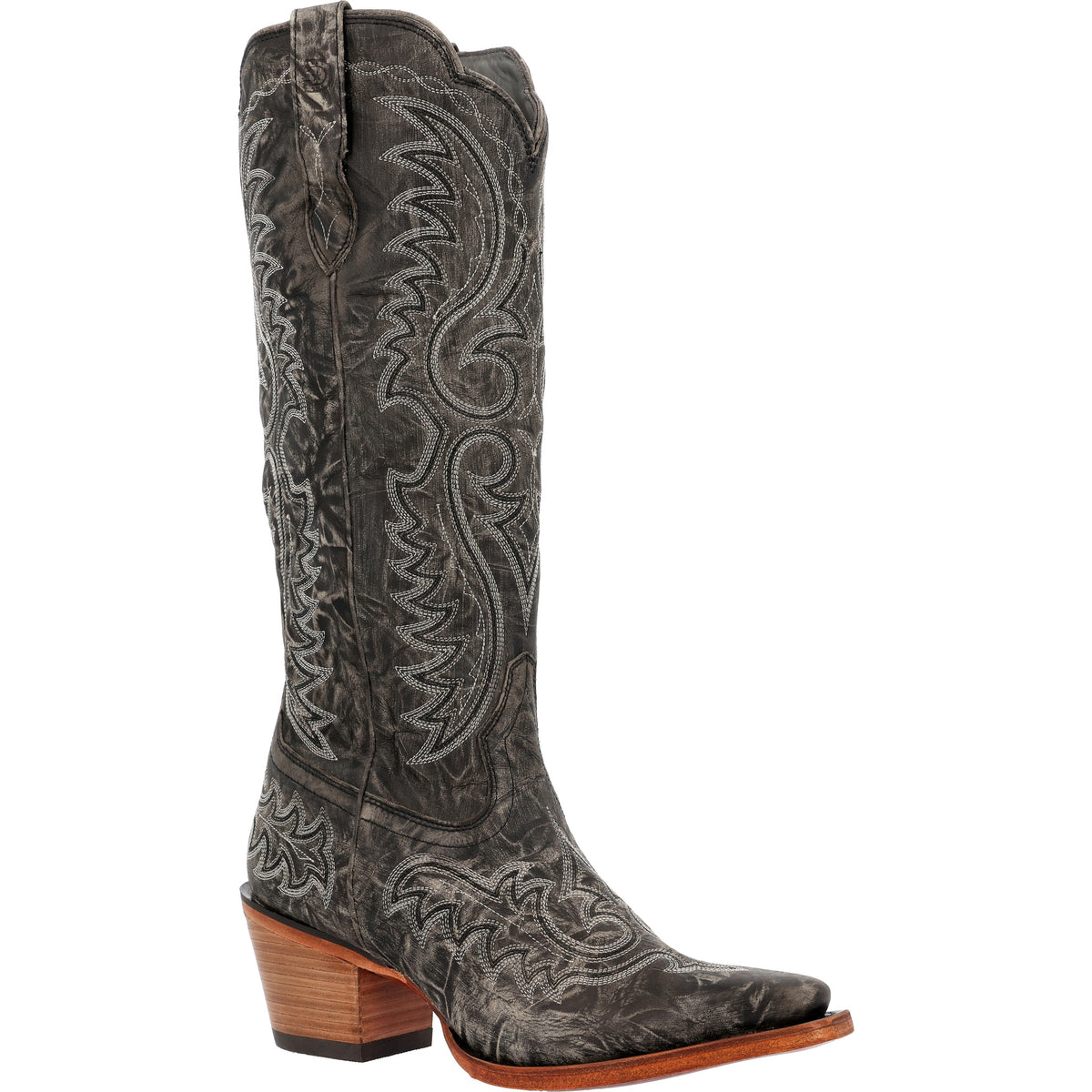 Durango Women's Crush Tall Western Boot in distressed graphite, 16-inch snip-toe cowgirl boot shown at a three-quarter angle.