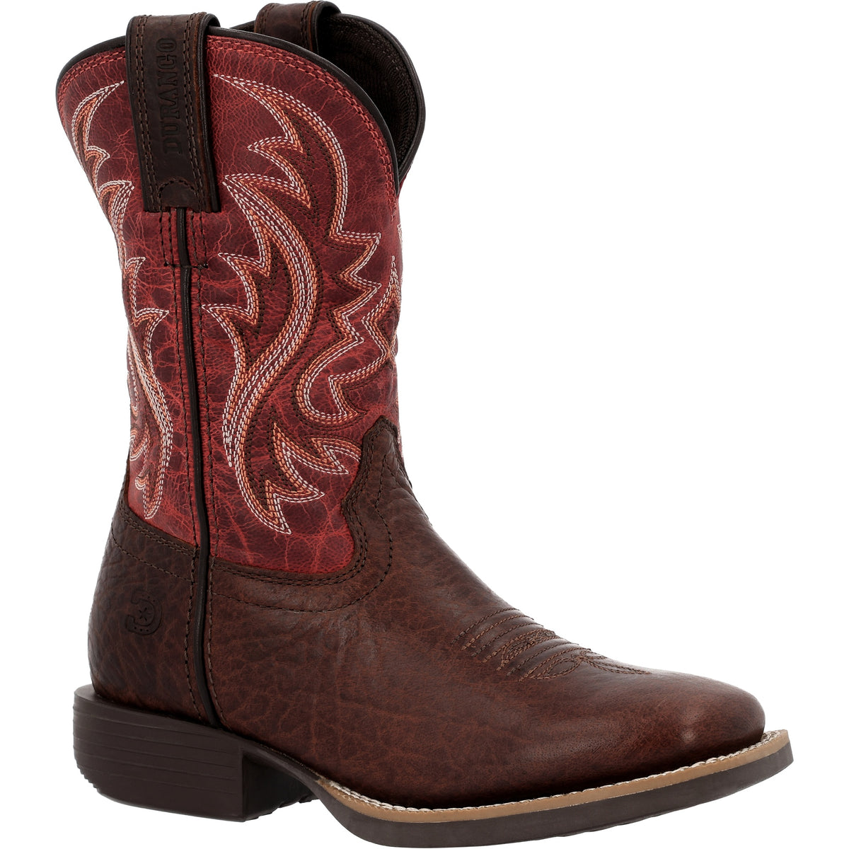 Durango Kids' Little Kid Shyloh Western Boot in mahogany with a dynamite red shaft, shown at a three-quarter angle.