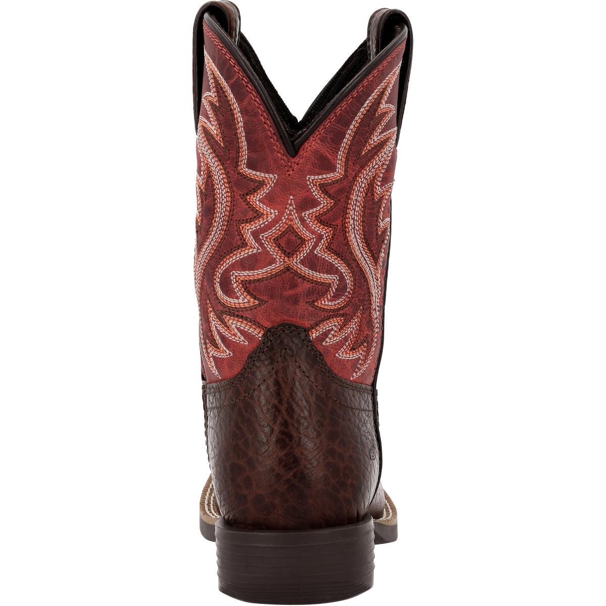 Back view of the Durango Kids' Shyloh boot showing the heel and stitched red shaft.