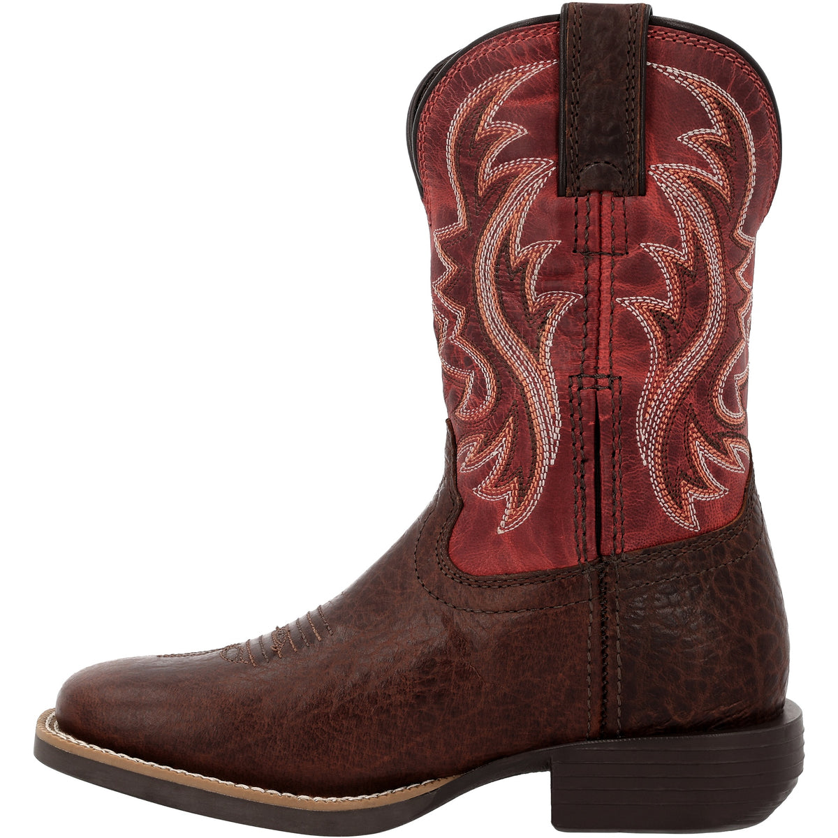 Instep profile of the Durango Kids' Shyloh boot showing the mahogany leather foot and red shaft.