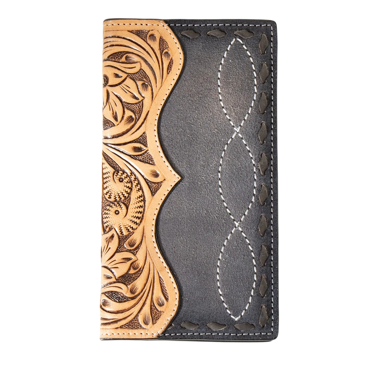 M&F 3D floral hand-tooled buck lace rodeo wallet showing detailed floral embroidery and handcrafted leather design.