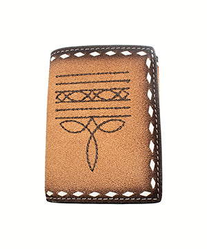 3D men's brown leather trifold wallet with boot-stitch and buck-lace detailing.