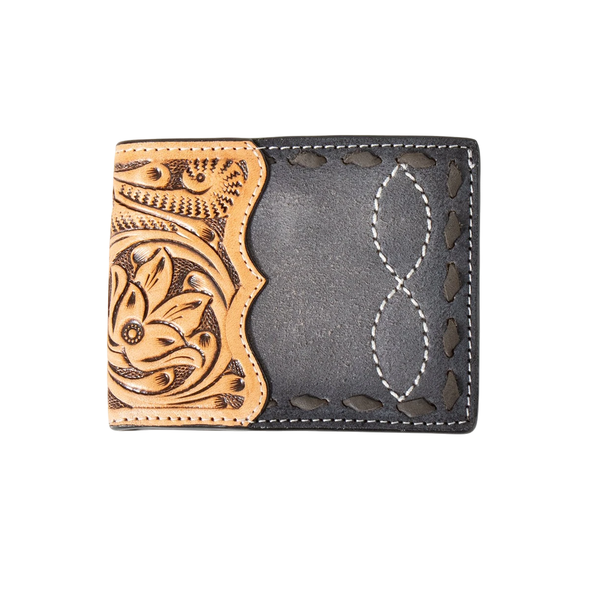 3D men's floral hand-tooled buck lace bifold wallet by M&F, featuring detailed floral leather design and multiple card slots.