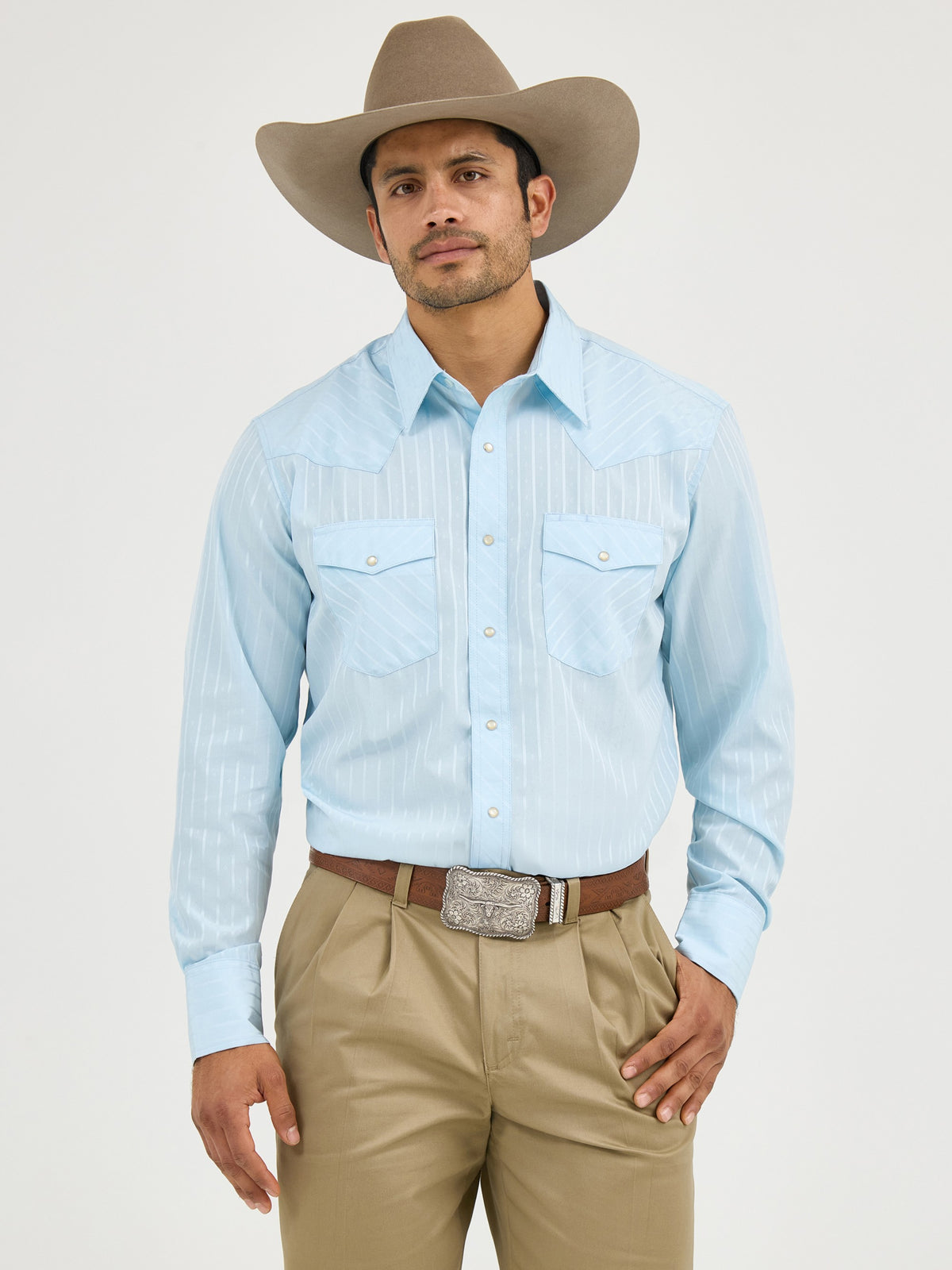 Wrangler Men's Western Long Sleeve Snap Dobby Stripe Shirt, Blue – front on model