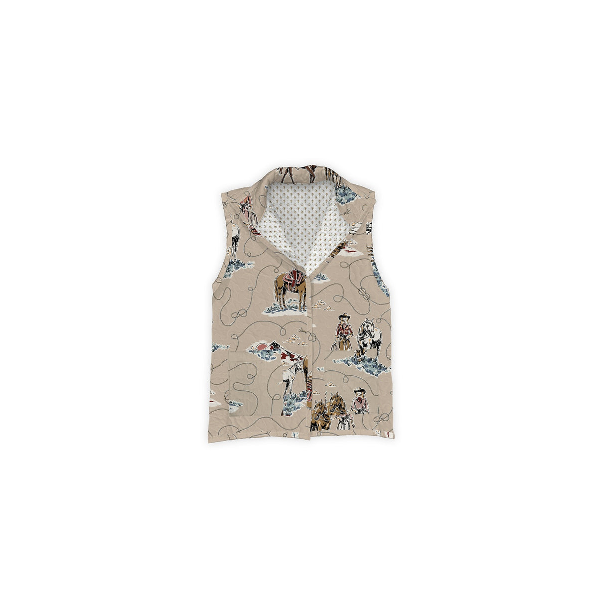 Ida Mae Home Sierra Cowgirl Brown Ruby Vest, a collared quilted vest in a tan western toile print of riders and horses, with a snap front.