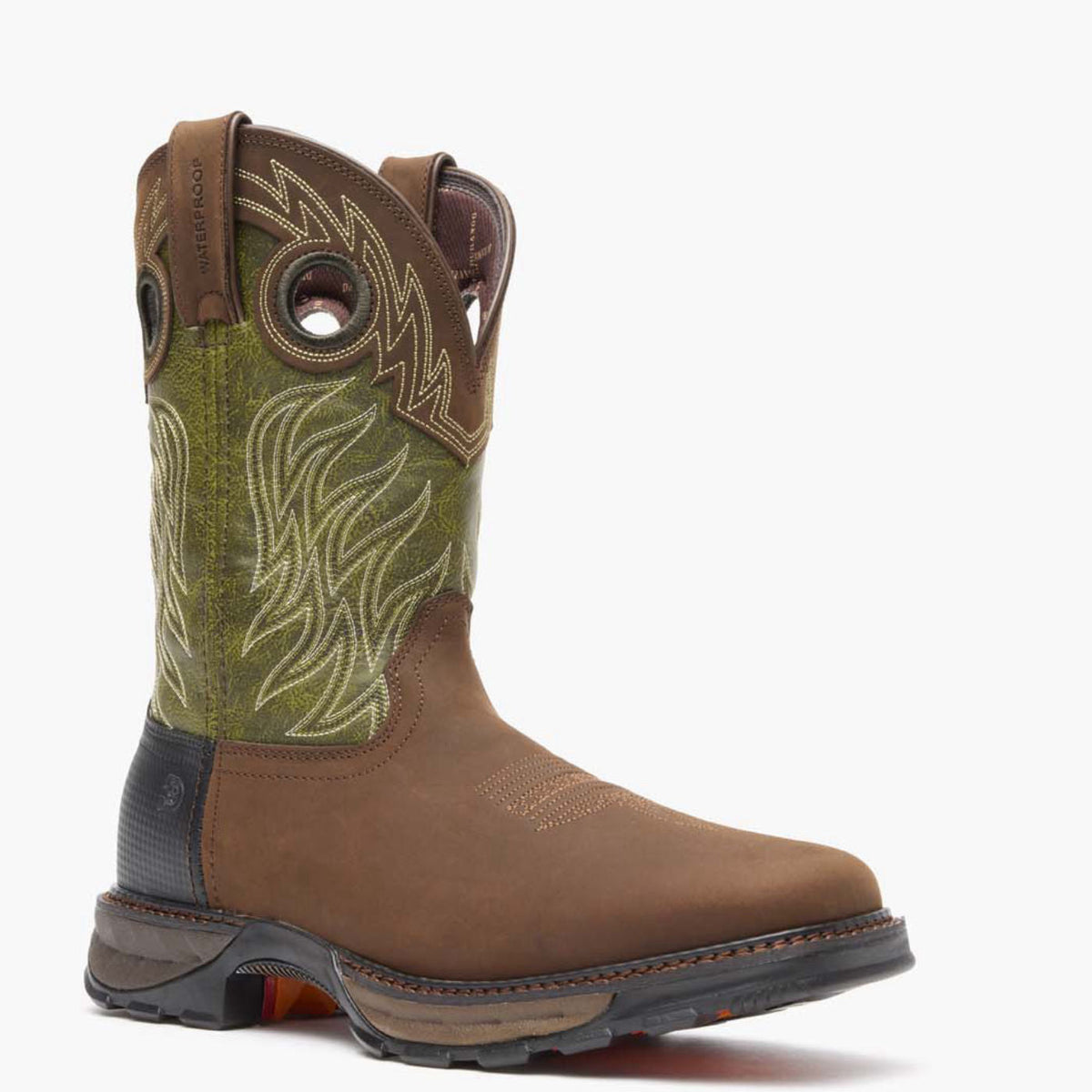 Durango Men's Maverick XP Waterproof Western Boot, brown with green shaft – 3-4 front, grey background