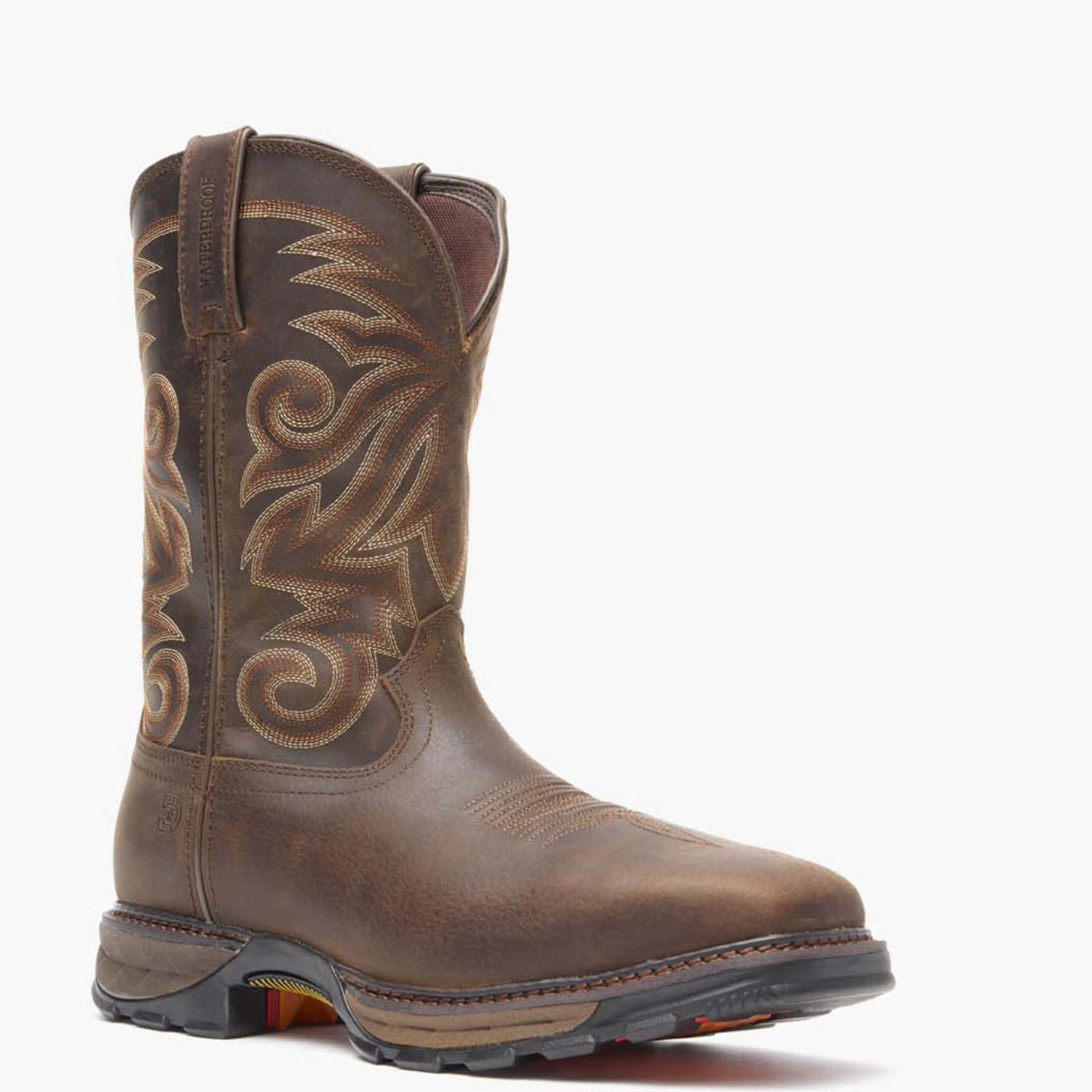 Durango Men's Maverick XP Steel Toe Waterproof Work Boot, brown – 3-4 front, grey background