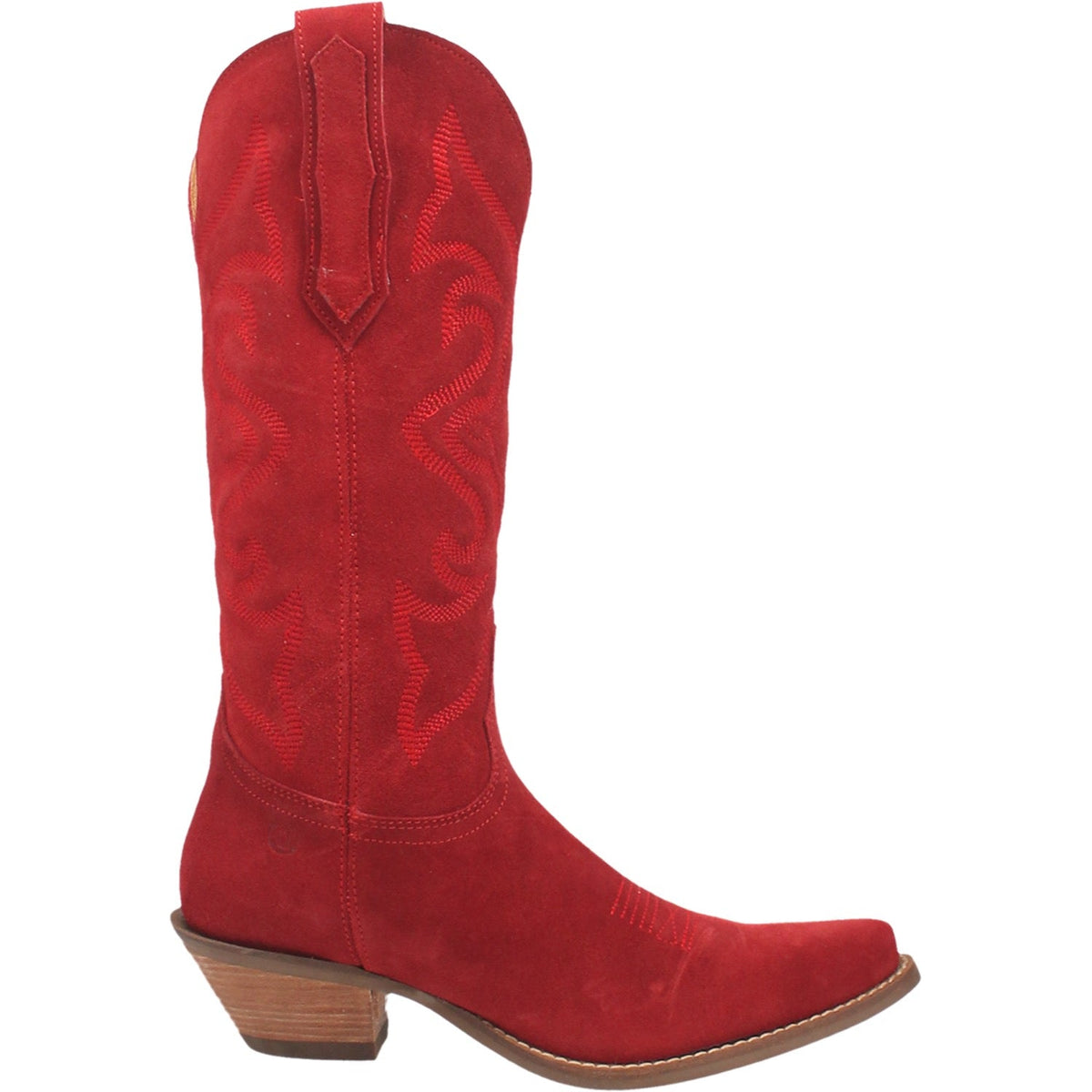 Dingo Women's Out West western boot in red suede, outside profile view
