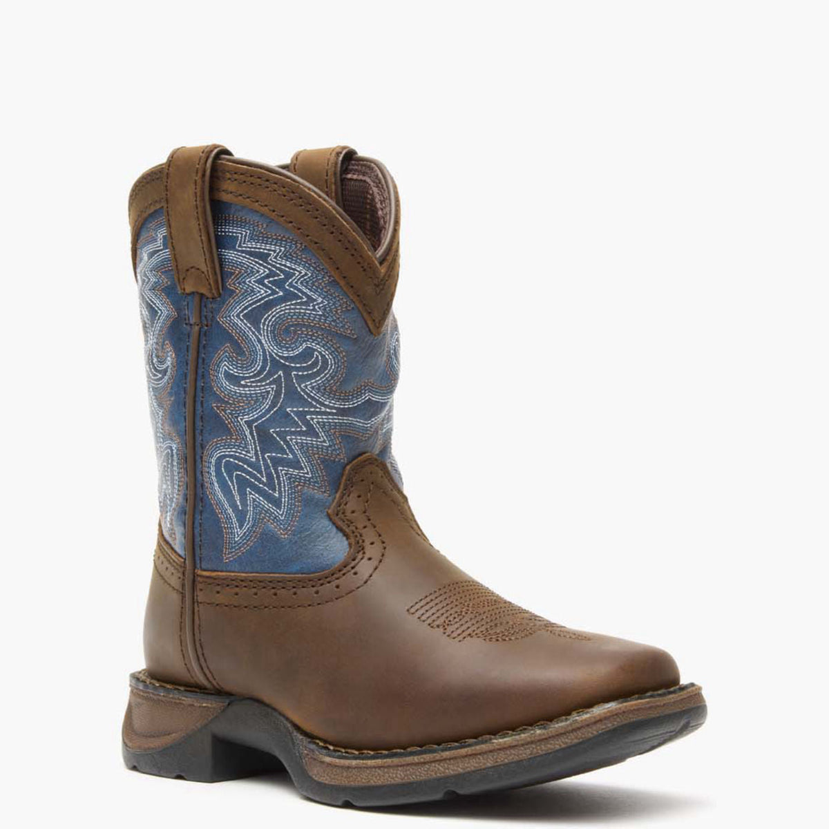 Durango Little Kids' Western Boot, Dark Brown and Blue – 3-4 front 2