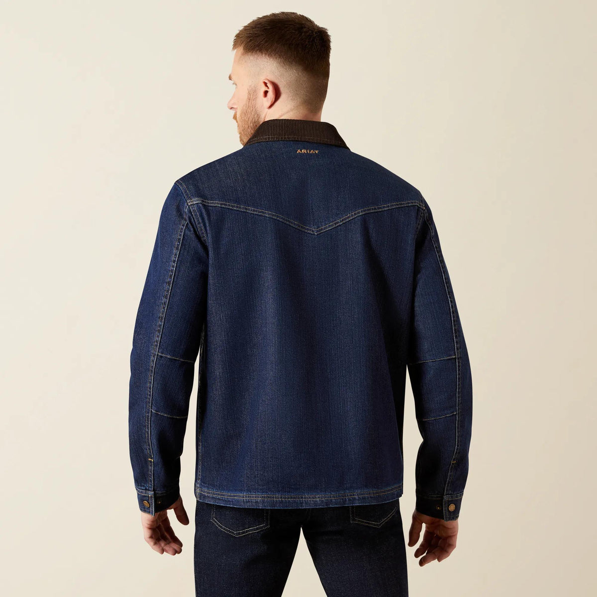 Ariat Men's Denim Chore Jacket, Rinse – back, on model