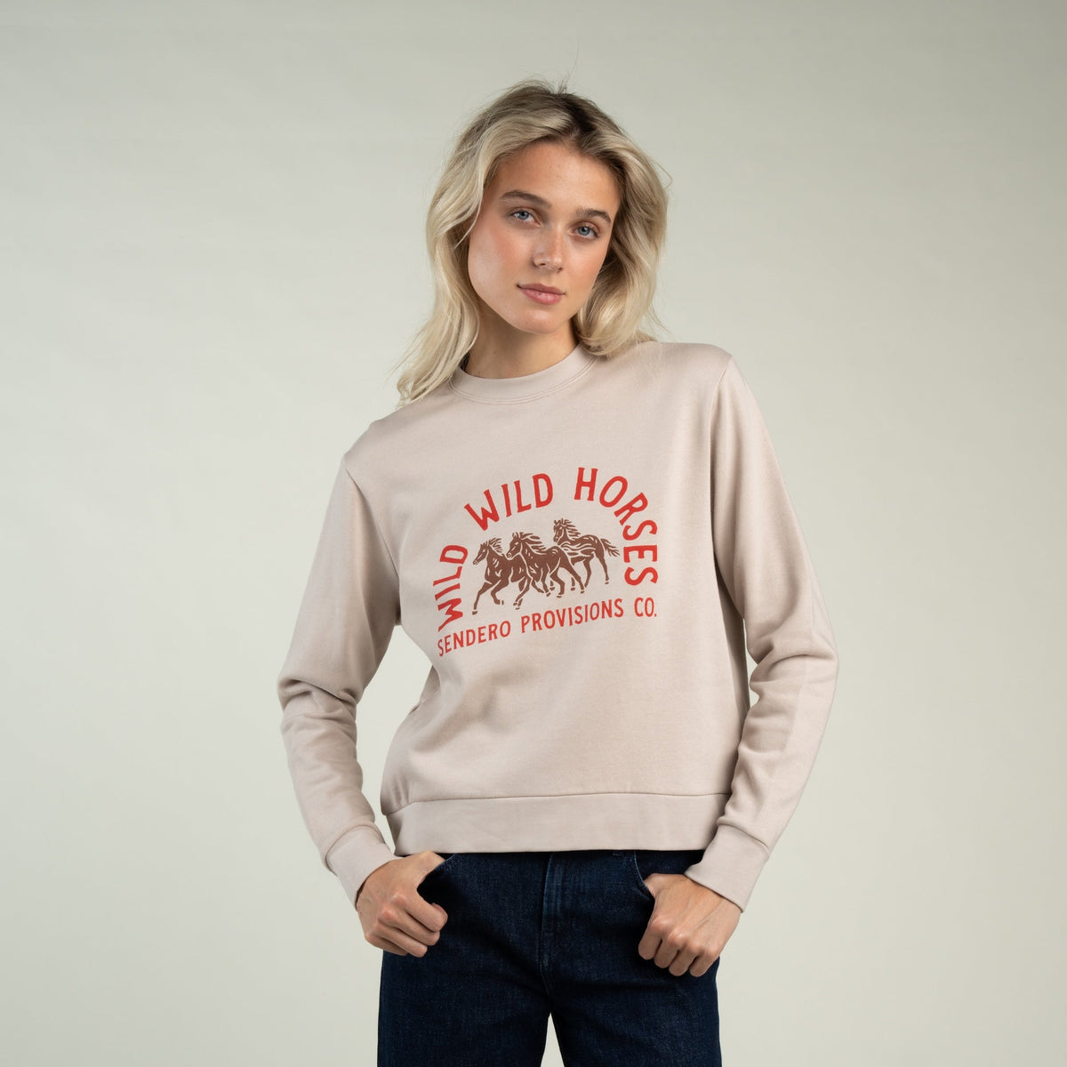 Sendero Provisions Co. Women's Wild Wild Horses Sweatshirt - Sand - on model