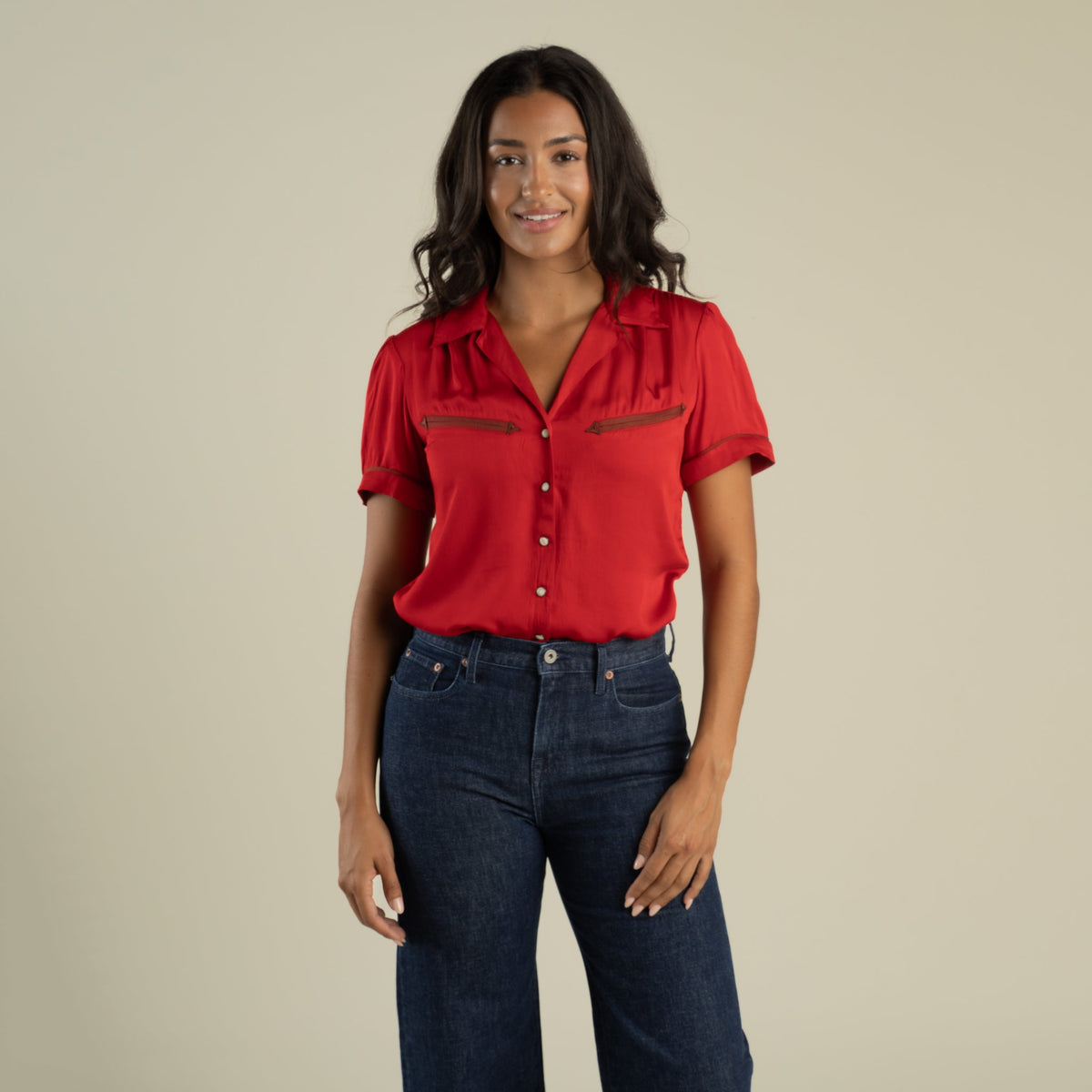 Sendero Provisions Co. Women's Cheyenne Western Blouse - Crimson - on model