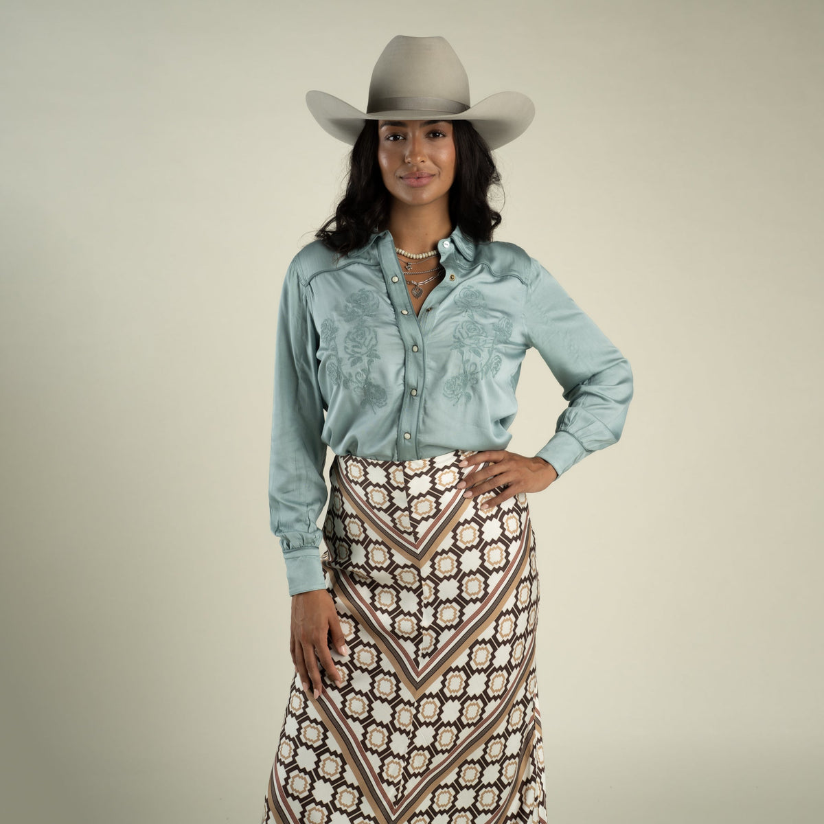 Sendero Provisions Co. Women's Dakota Blouse - Faded Sage - on model