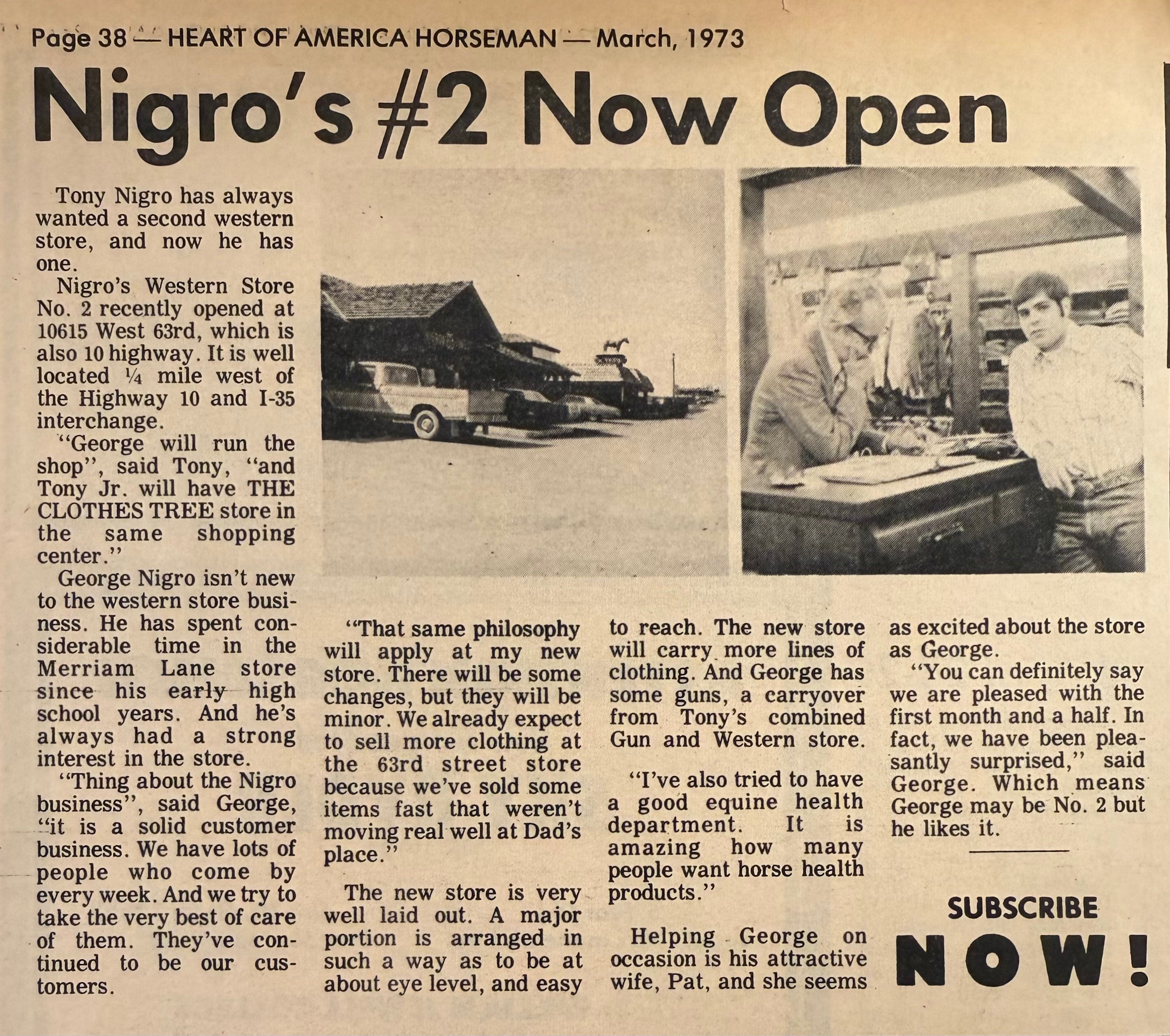 March 1973 newspaper clipping: Nigro's #2 Now Open