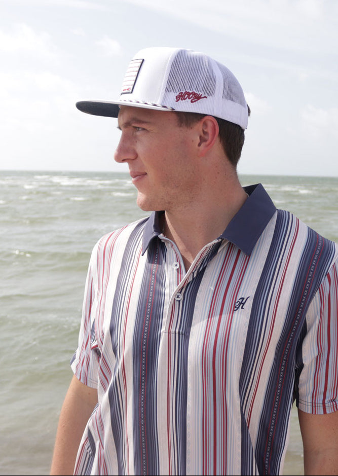 Hooey Men's Weekender Polo, Grey/Red & Blue Stripe – lifestyle on model