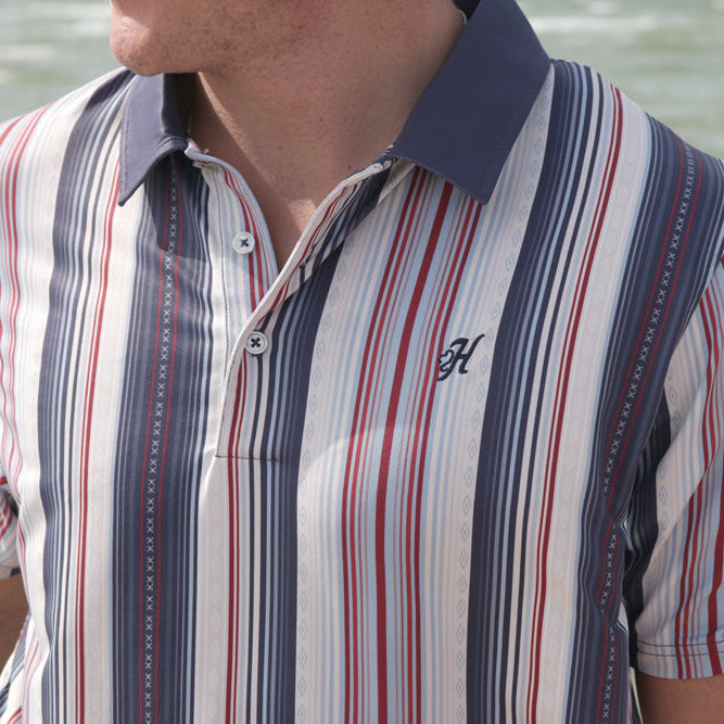Hooey Men's Weekender Polo, Grey/Red & Blue Stripe – collar detail on model