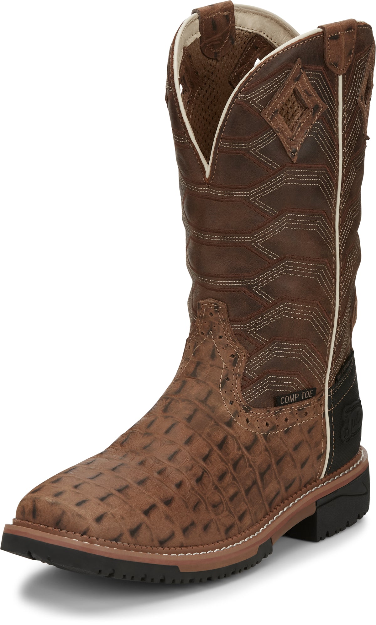 Justin Derrickman caramel Croc print men's waterproof wide square toe work boots, showcasing the stylish design and durable construction.
