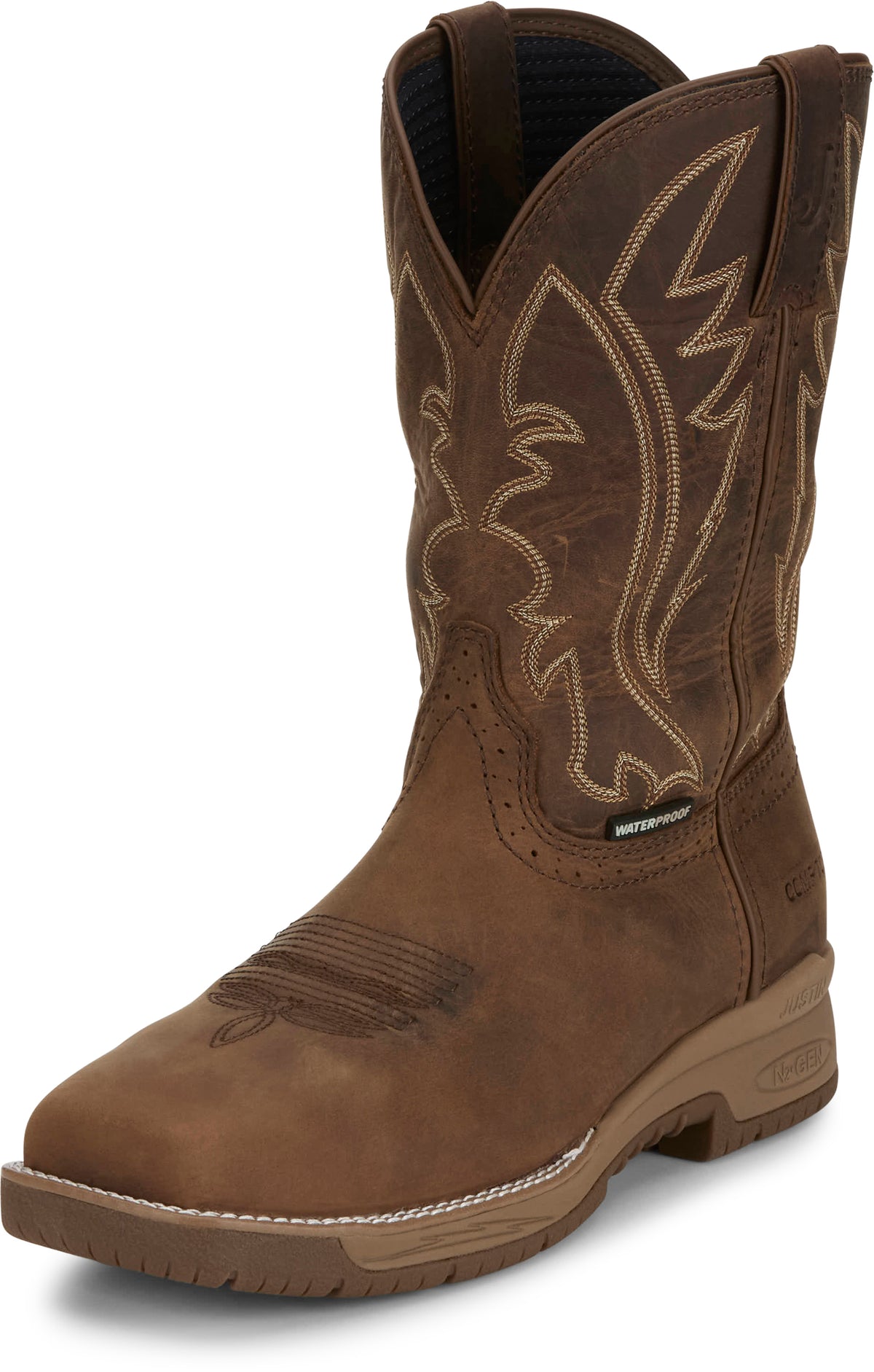 Justin men's square toe boots in taupe leather, 11-inch tall, with classic Western style and sturdy construction.
