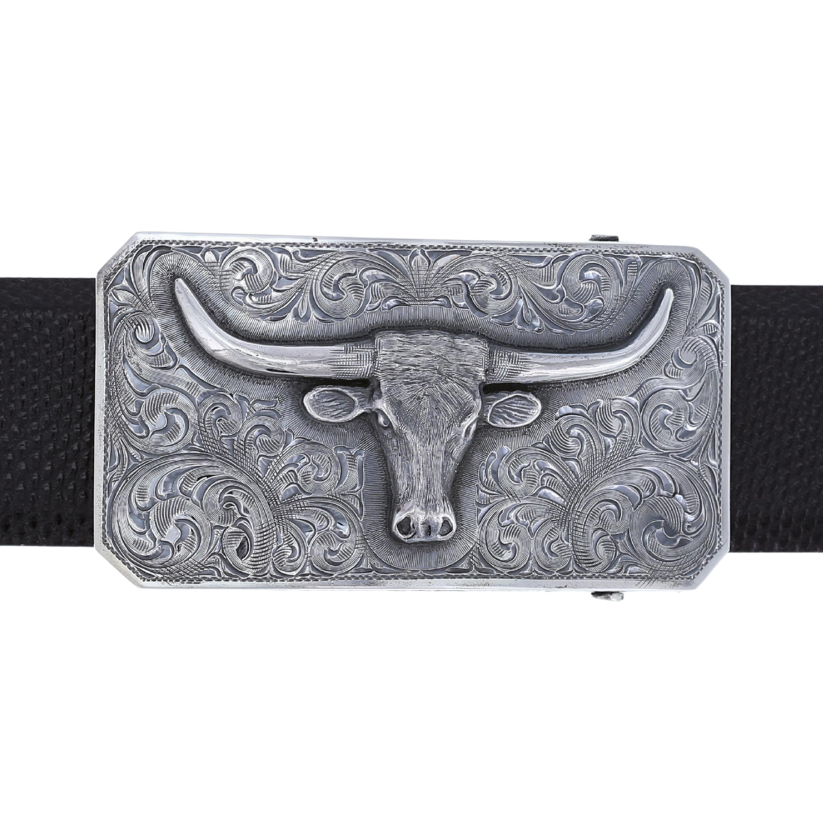 Clint Orms Kenedy 1819 sterling silver trophy buckle with a hand-engraved longhorn, on a black belt