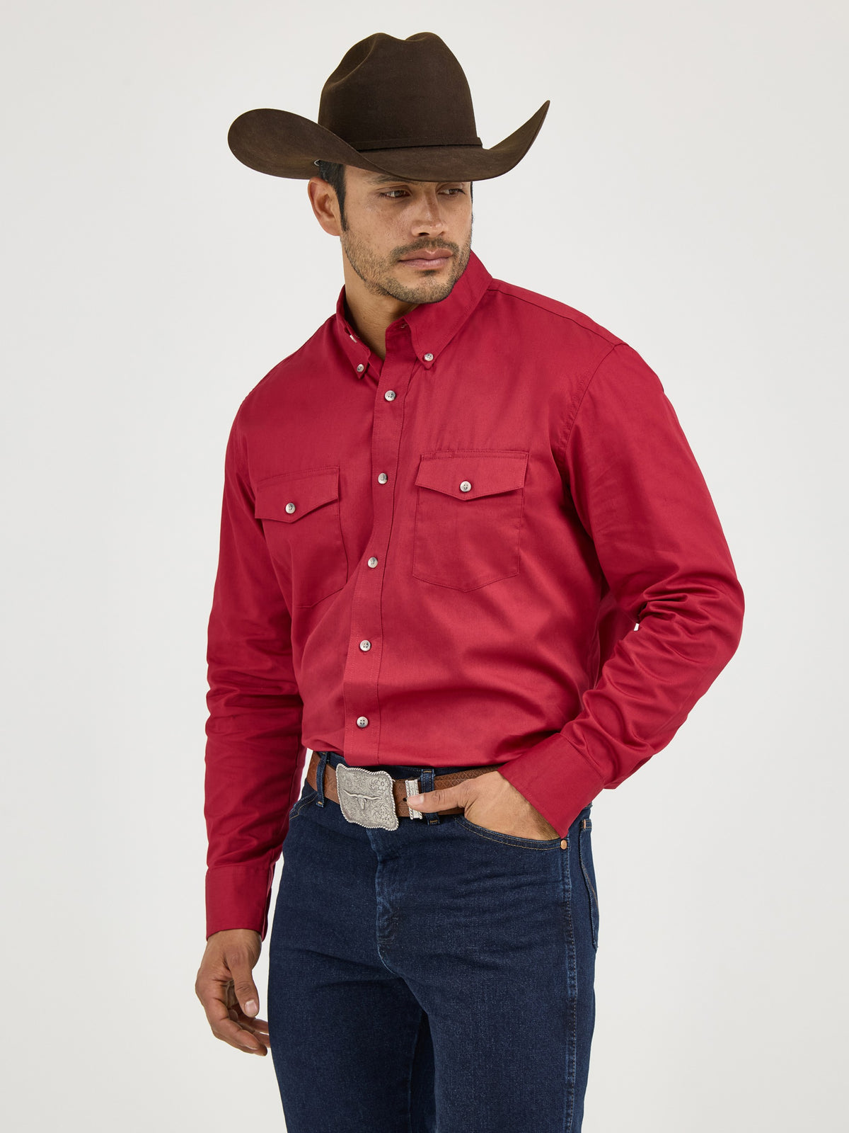 Wrangler Men's Painted Desert Long Sleeve Twill Shirt, Red – front on model
