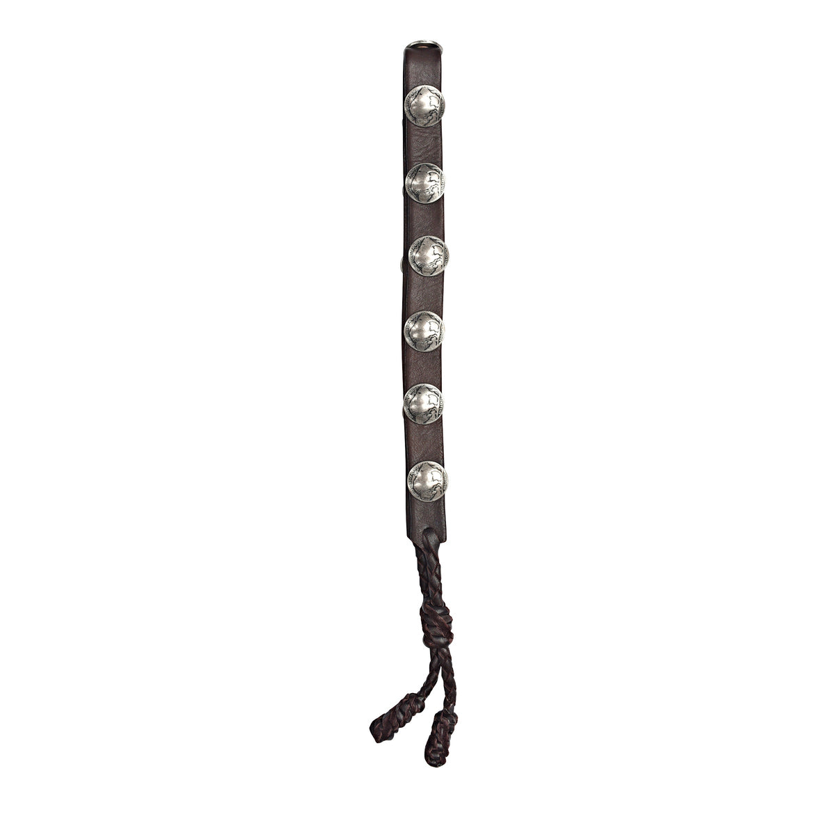 Peyote Bird Lampman Buffalo Nickel Hatband, Brown Braided Ends – full length detail 2