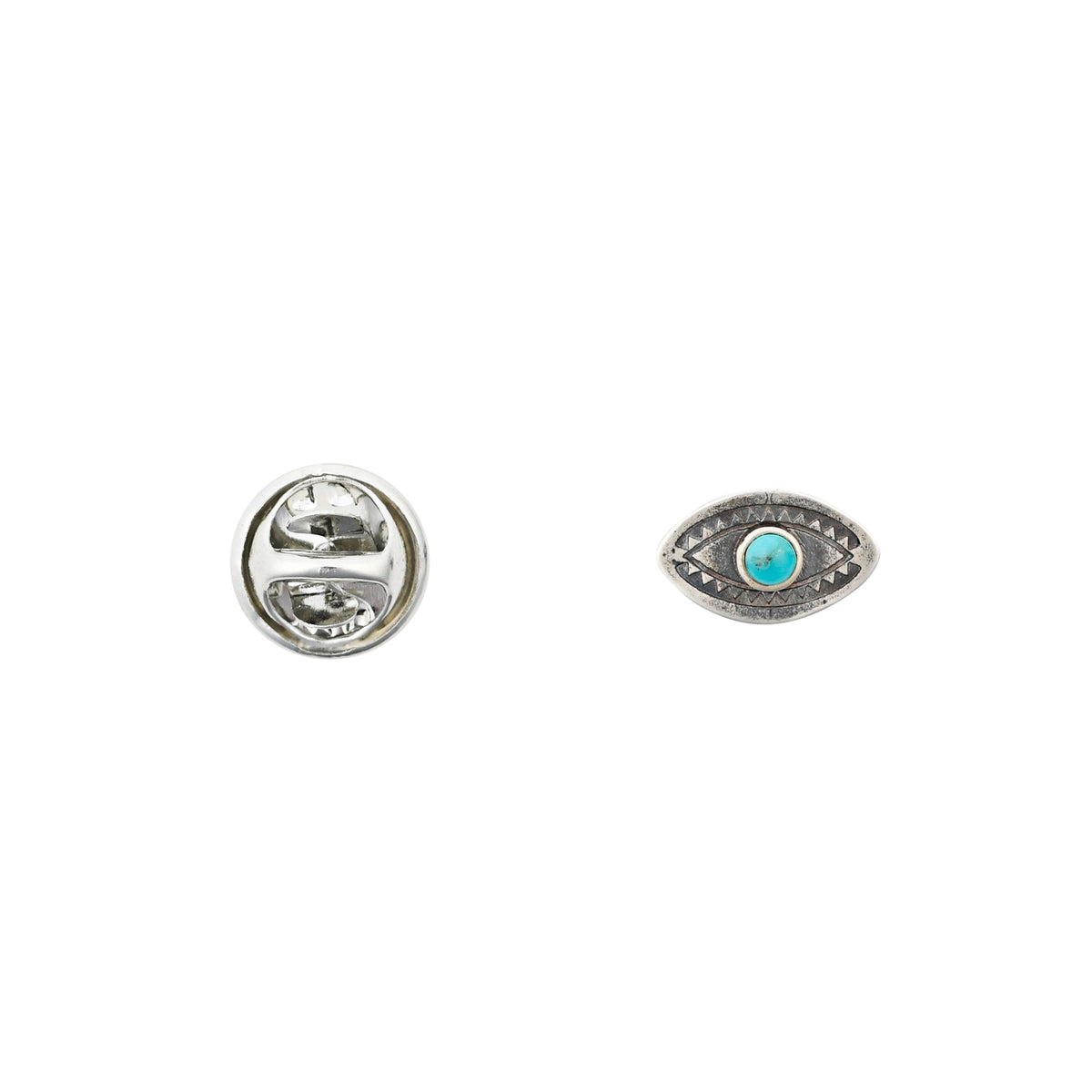 Peyote Bird Desert Eye Turquoise Hat Tack, Sterling Silver – front and clutch back