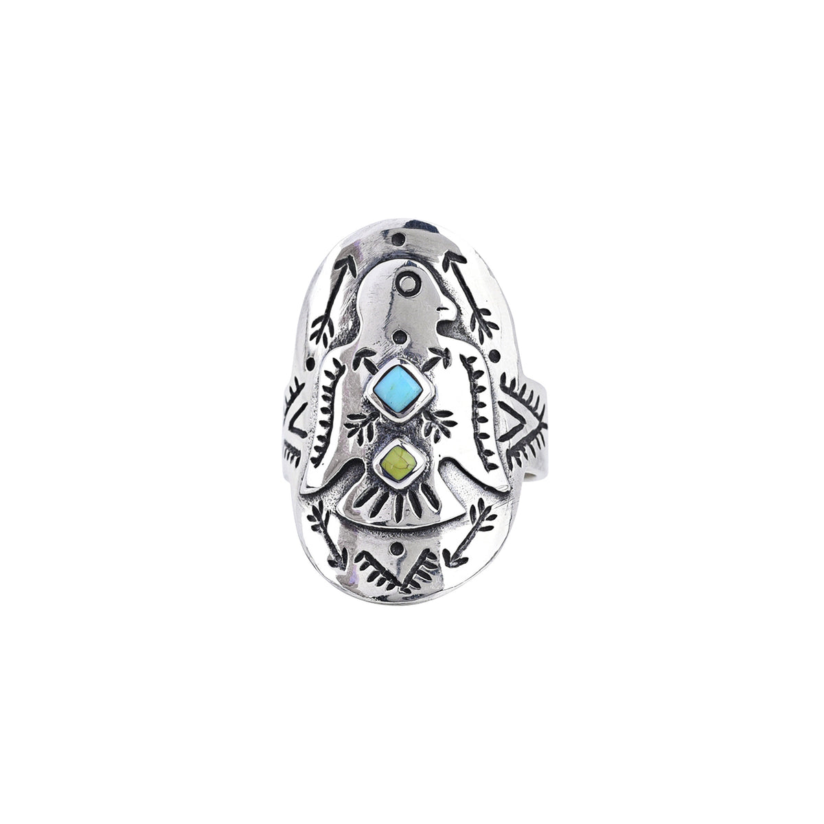 Peyote Bird Nomad Flight Shield Ring, Turquoise – turquoise and green stones