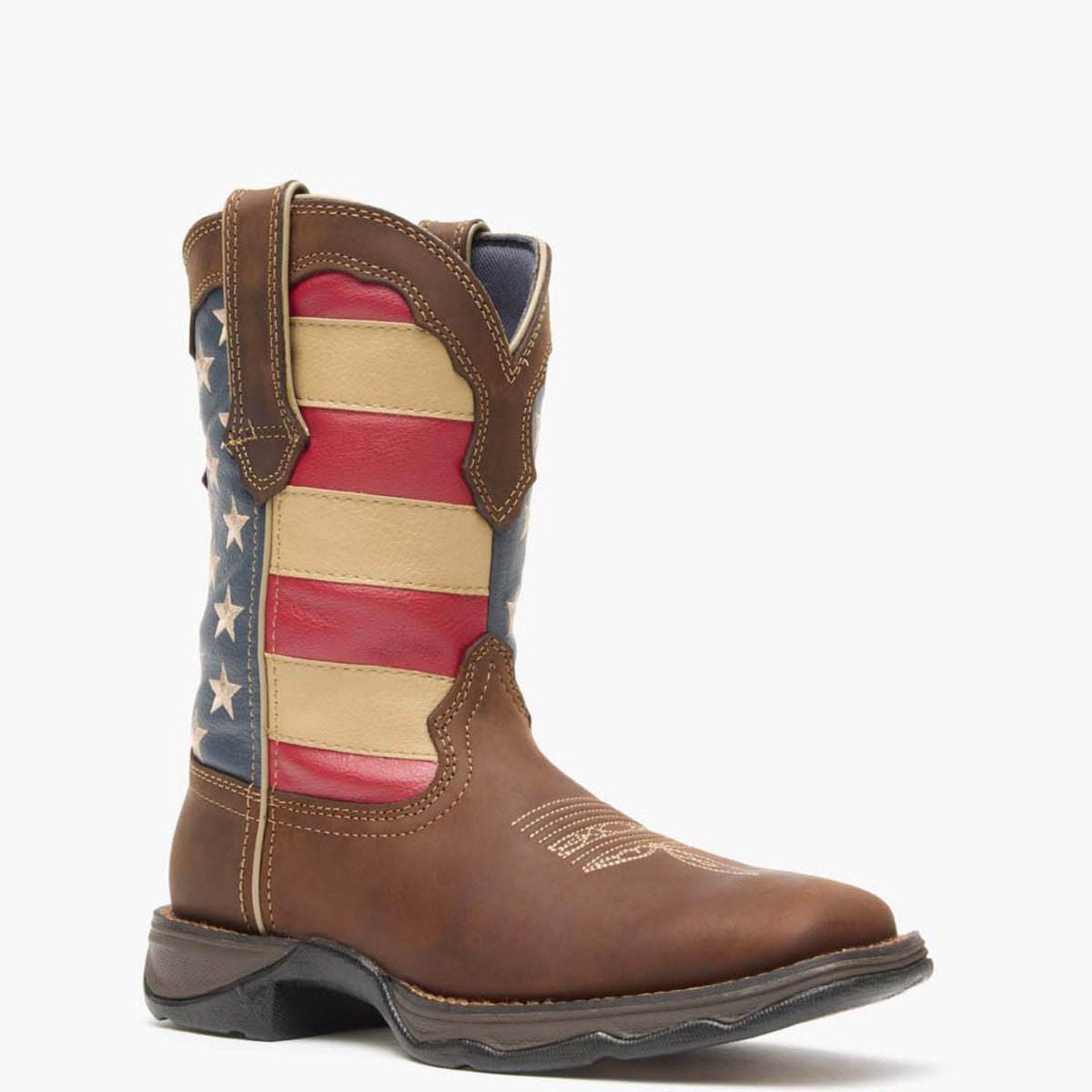 Durango Women's Rebel Patriotic Pull-On Western Flag Boot – 3-4 front, grey background