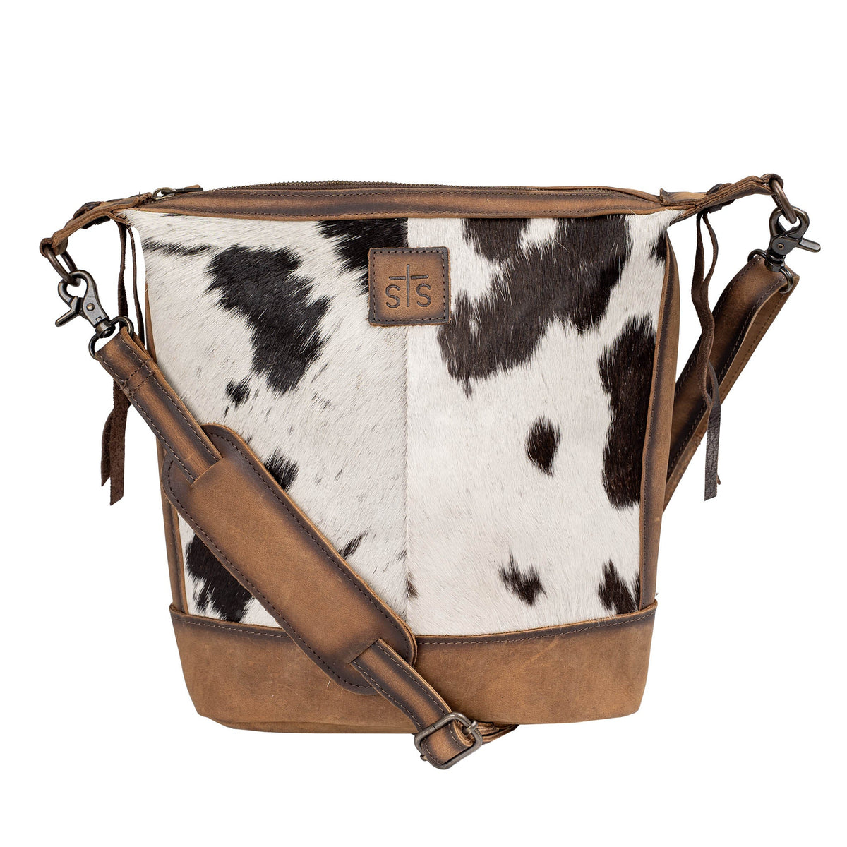 STS Ranchwear Women's Cowhide Mail Bag Crossbody, Black and White Hair-On – front