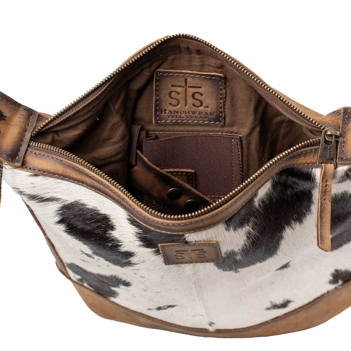 STS Ranchwear Women's Cowhide Mail Bag Crossbody, Black and White Hair-On – inside, top view