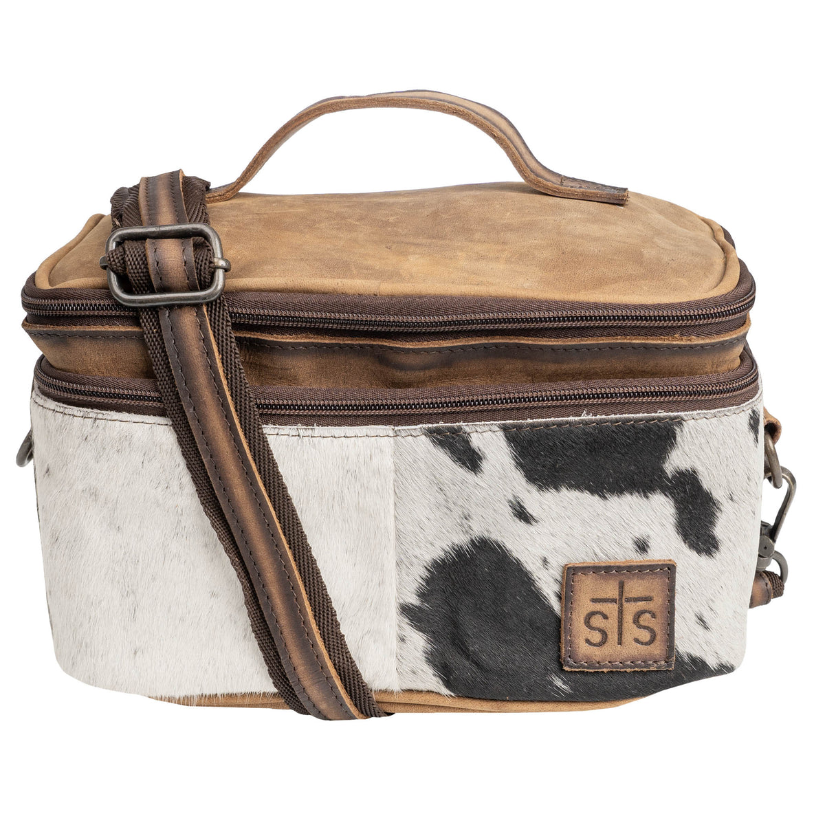 STS Ranchwear Women's Cowhide Glamour Makeup Organizer, Tan and Black Hair-On – front with strap