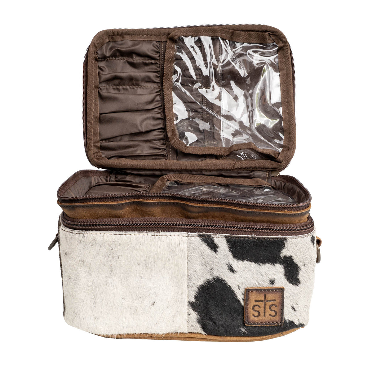 STS Ranchwear Women's Cowhide Glamour Makeup Organizer, Tan and Black Hair-On – inside, open tray